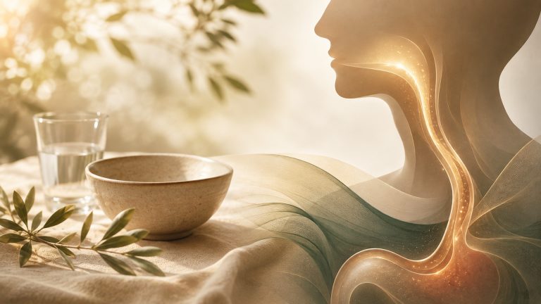 Abstract medical hero image for an esophageal cancer article, showing a calm flowing swallow-inspired pathway with soft cellular textures and gentle movement representing the passage of food and liquid through the digestive system.