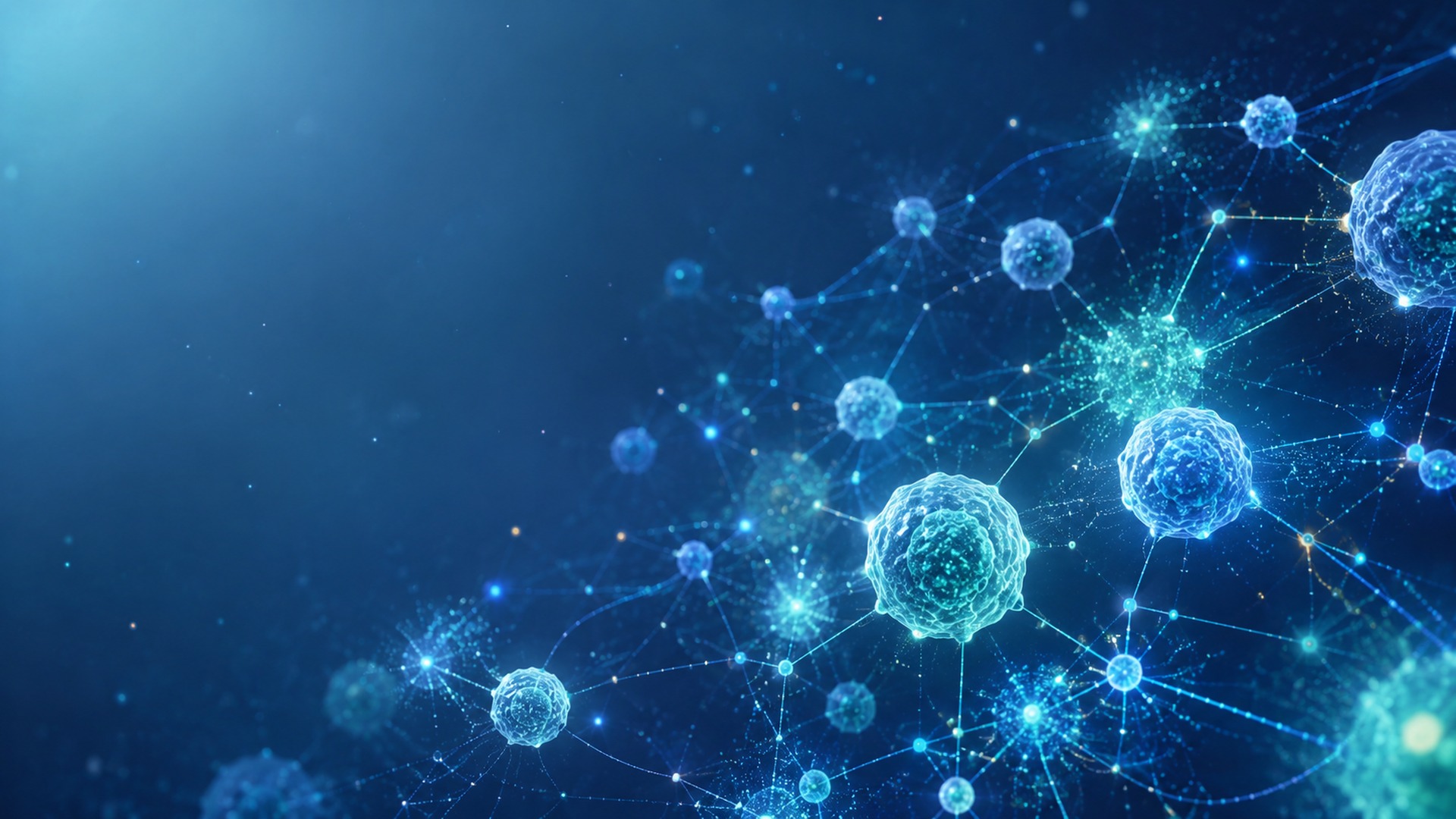 Scientific hero image for a Non-Hodgkin lymphoma article, showing a luminous network of immune cells and flowing lymphatic communication in a calm blue-green microscopic environment.