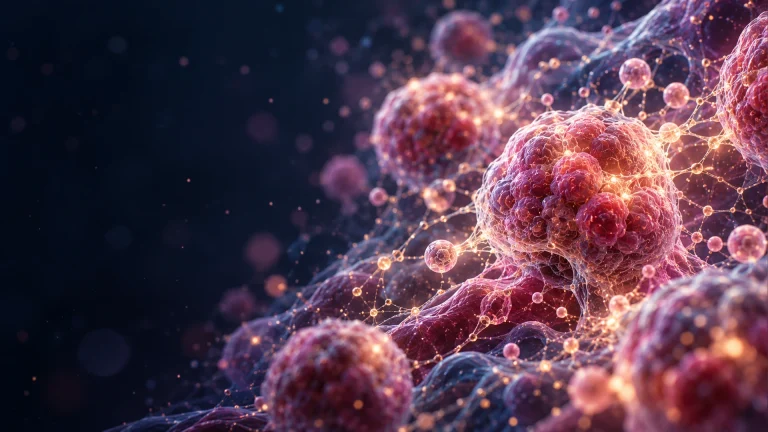 Conceptual 3D illustration of pink and violet cell clusters connected by luminous molecular networks on a dark navy background, representing the biology of uterine cancer.
