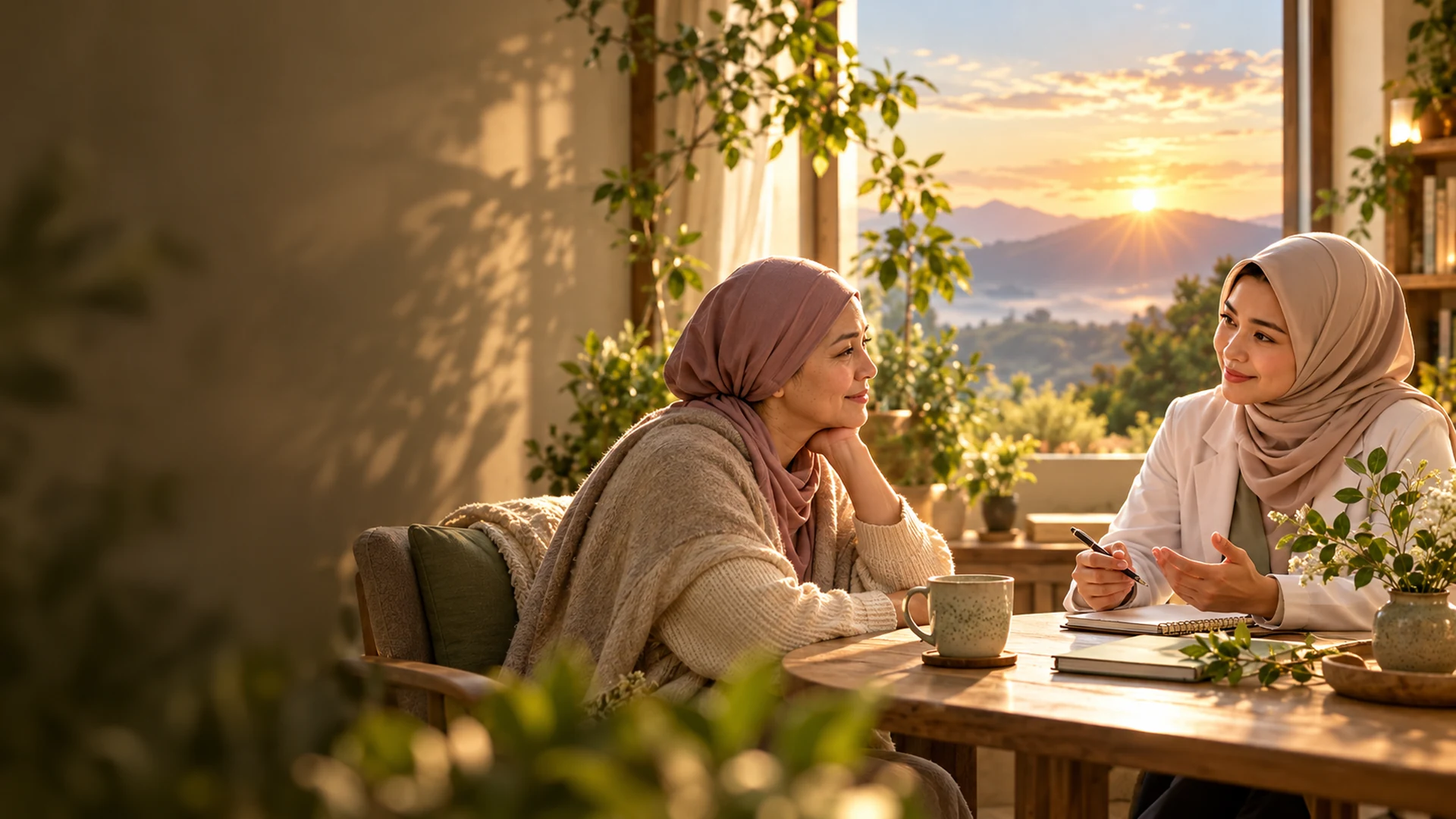 A woman consulting with a female healthcare professional in a calm, sunlit setting, representing compassionate whole-person support for vulvar cancer.