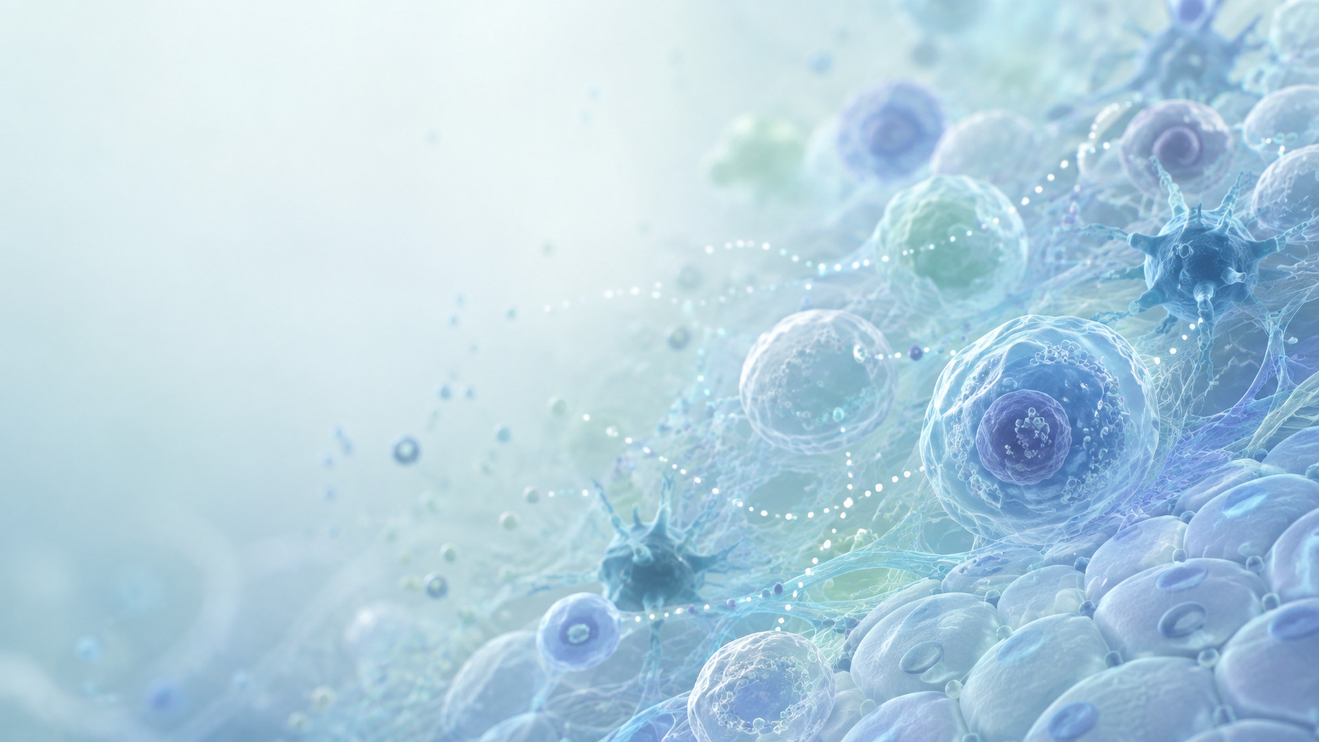 Abstract blue microscopic illustration of abnormal cells and interconnected cellular structures, representing bladder cancer awareness, cancer cell biology, and the complex tumour microenvironment.