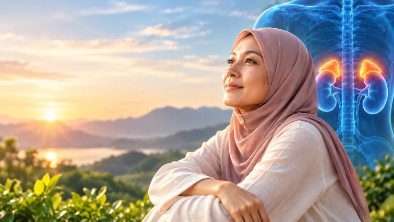 A woman seated outdoors beside a medical illustration highlighting the adrenal glands above the kidneys.