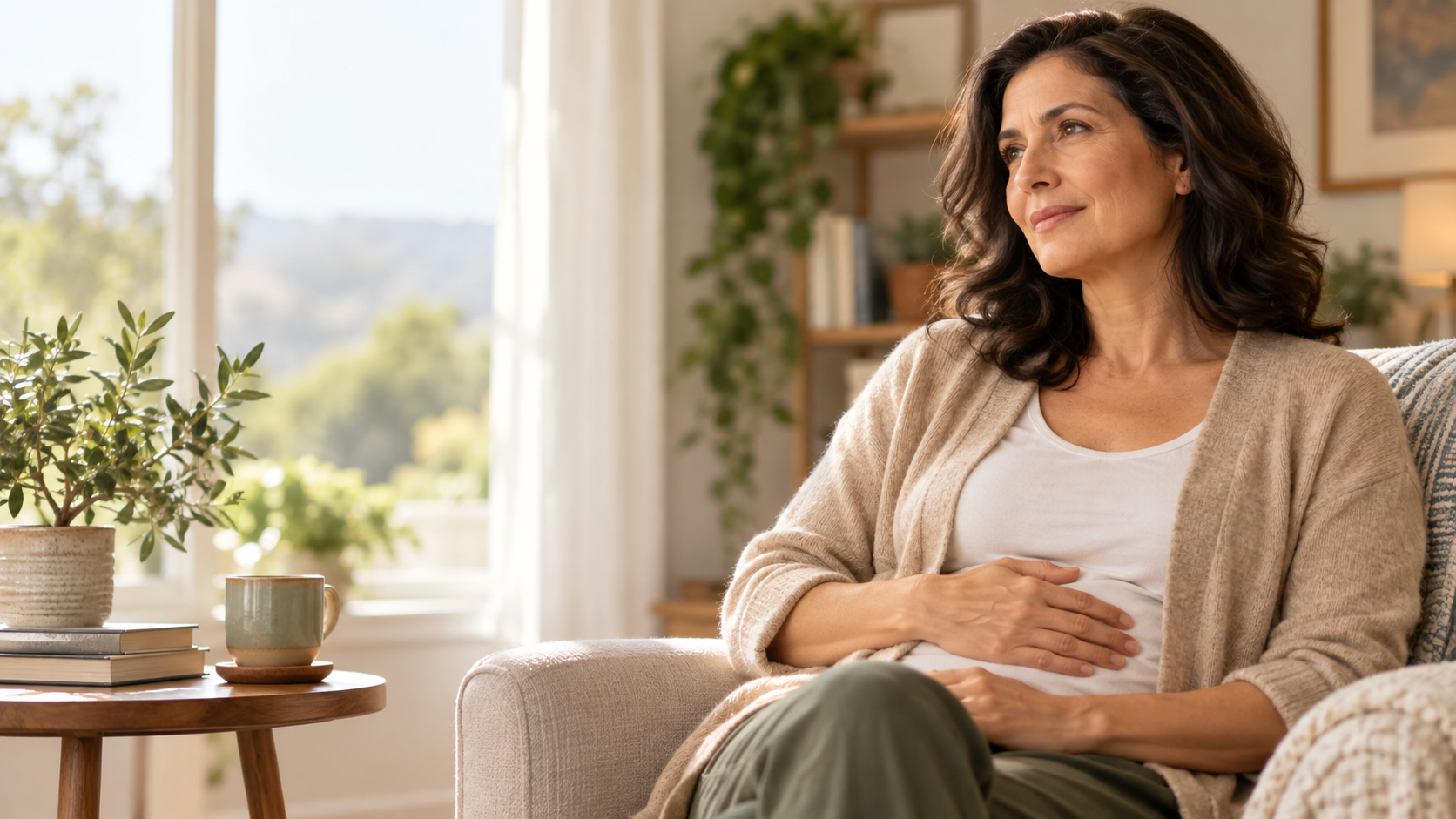 A middle-aged woman sitting comfortably by a sunlit window with her hands resting gently on her abdomen.