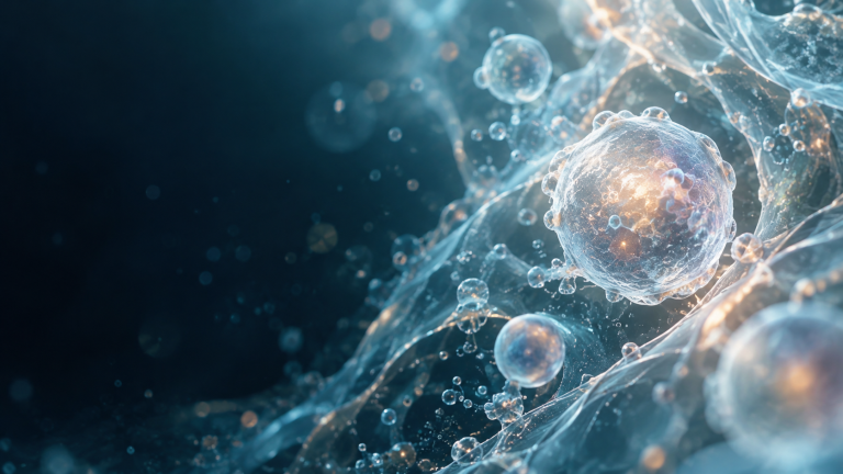 A close-up digital illustration of translucent cells with glowing centers, surrounded by delicate membrane-like structures against a dark teal background.