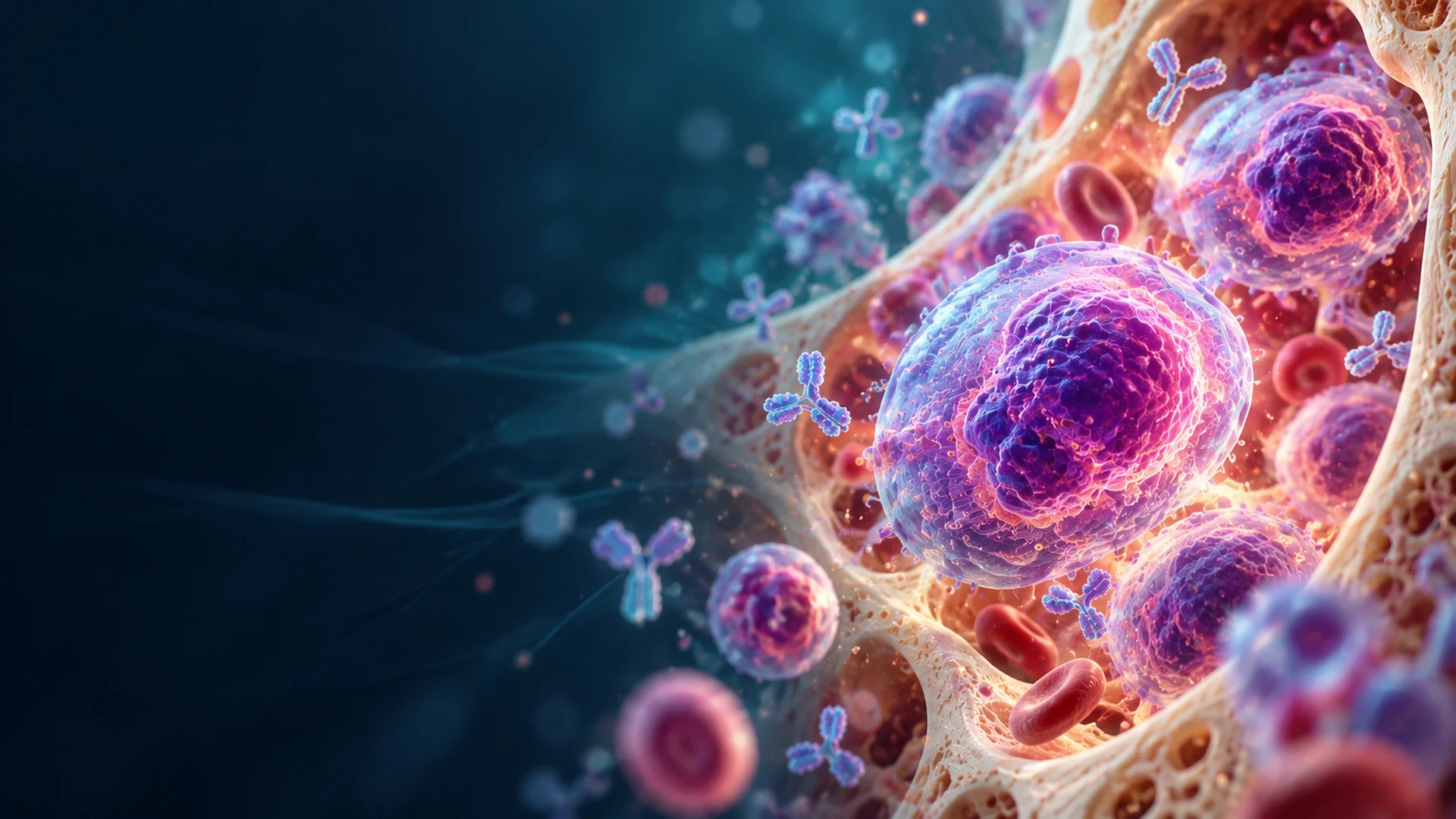 Medical illustration of abnormal plasma cells within bone marrow, representing multiple myeloma.