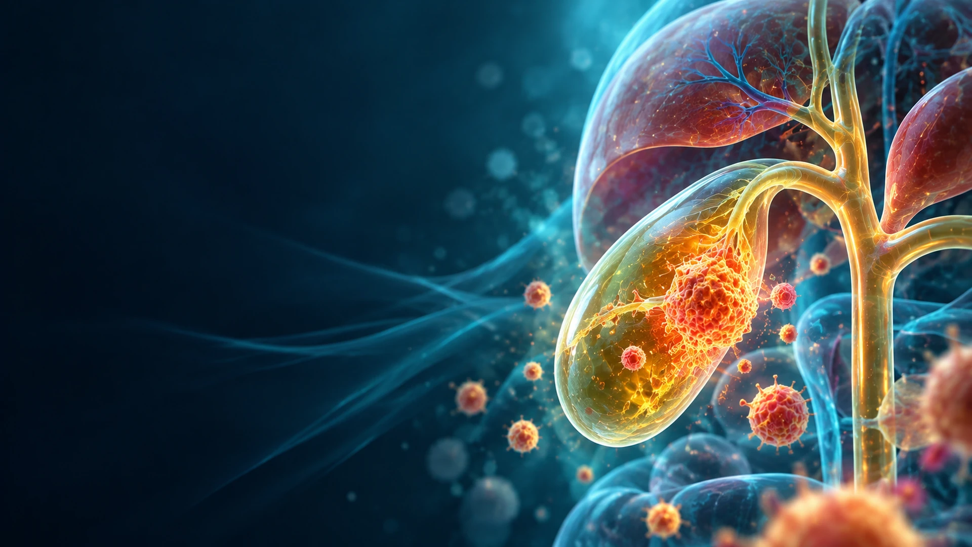 Medical illustration of gallbladder cancer showing a glowing tumor within the gallbladder, surrounded by cellular structures.