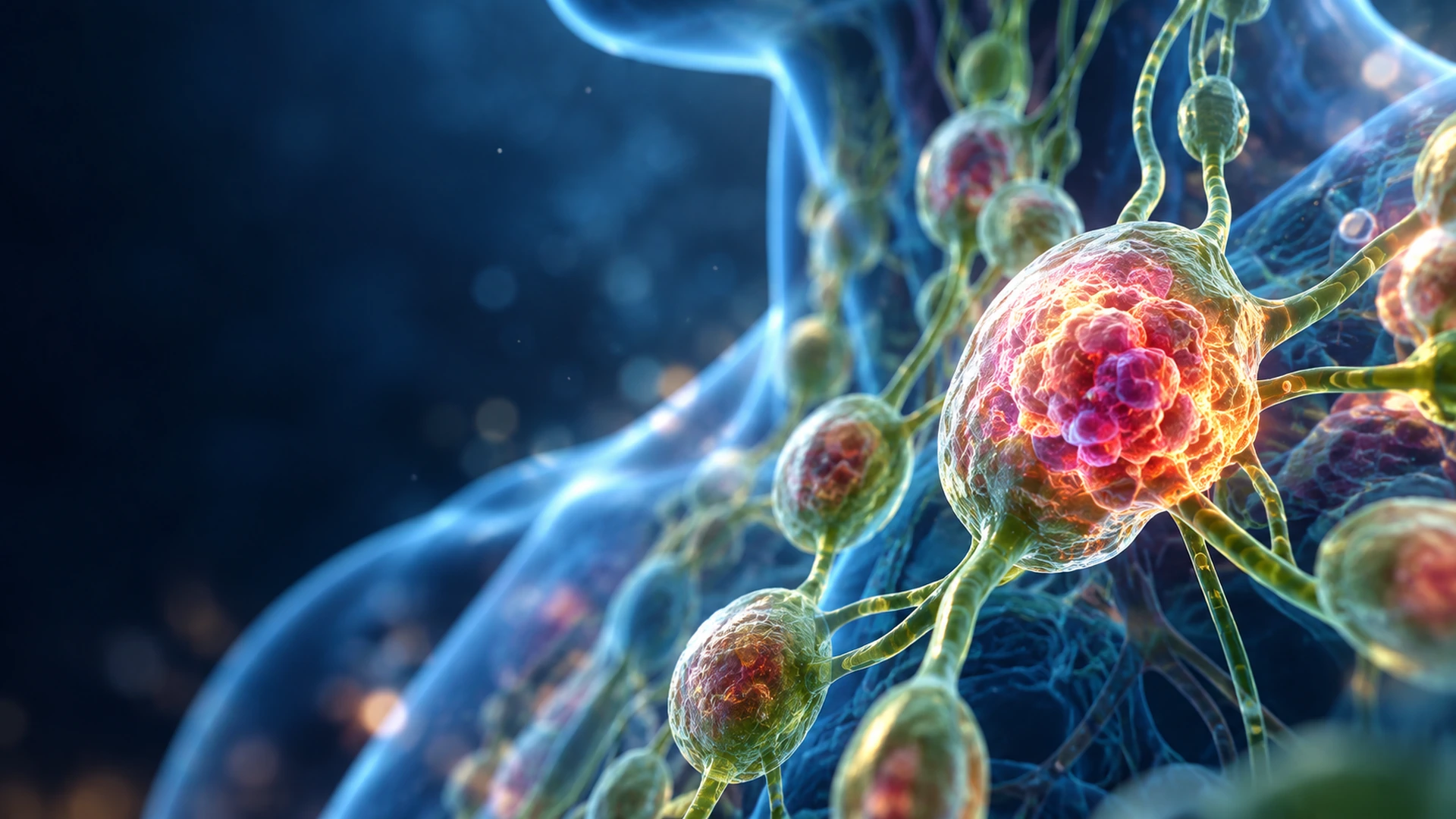 Medical illustration of Hodgkin lymphoma showing abnormal cancer cells within a lymph node, surrounded by the lymphatic network.
