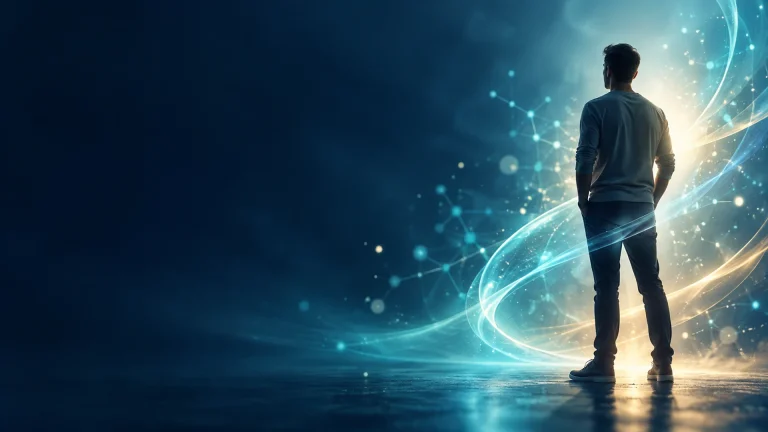 A young man standing against a blue background with soft glowing light, symbolising hope, resilience and whole-person care during the testicular cancer journey.