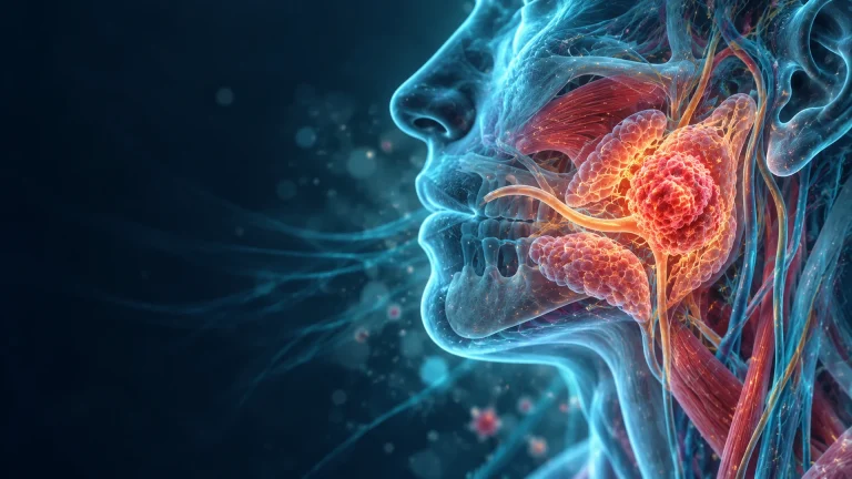 Medical illustration of salivary gland cancer showing a glowing tumor in the parotid gland near the jaw, with surrounding anatomical structures.