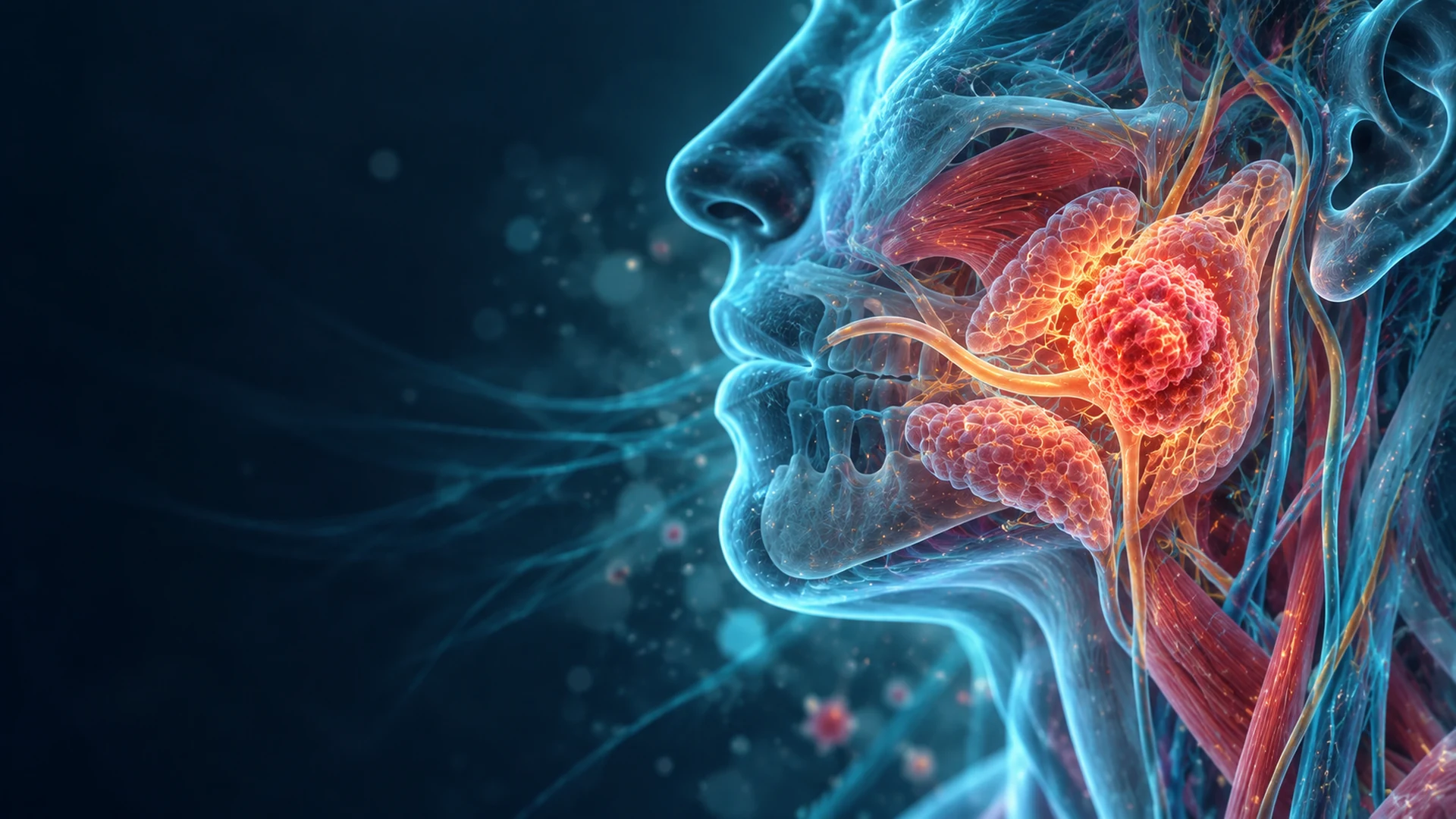 Medical illustration of salivary gland cancer showing a glowing tumor in the parotid gland near the jaw, with surrounding anatomical structures.
