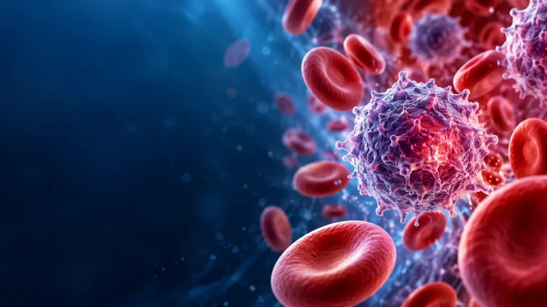 Cinematic medical illustration of abnormal blood cells surrounded by red blood cells, representing blood cancer and hematologic malignancies.