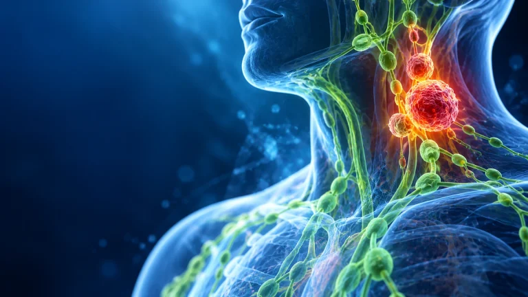Cinematic medical illustration of lymphoma showing enlarged lymph nodes highlighted in red within the lymphatic system of the neck and upper chest.