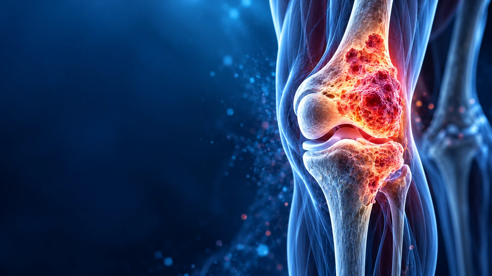 Cinematic medical illustration of bone cancer showing an abnormal tumor within the bone near the knee joint, highlighted in red and orange against a dark blue background.