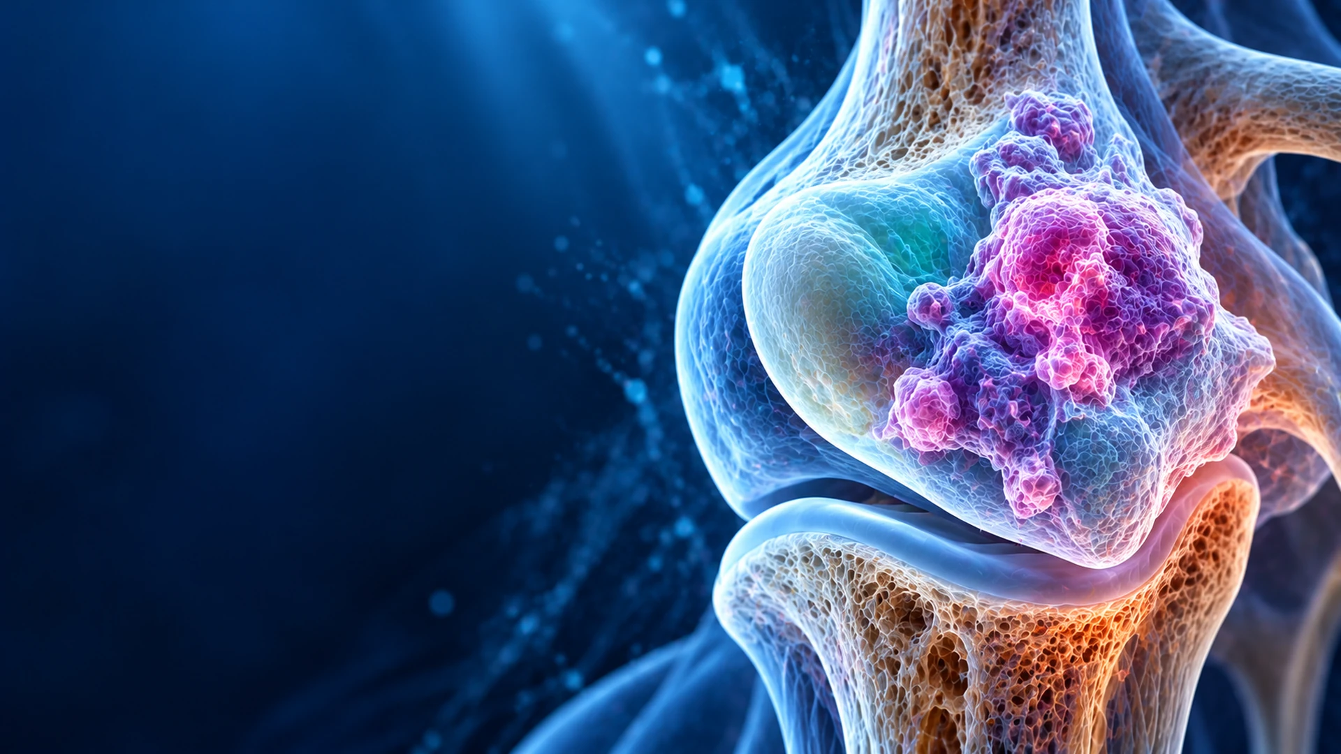 Cinematic medical illustration of chondrosarcoma showing a multilobed purple cartilage-forming tumor near a bone joint against a dark blue background.