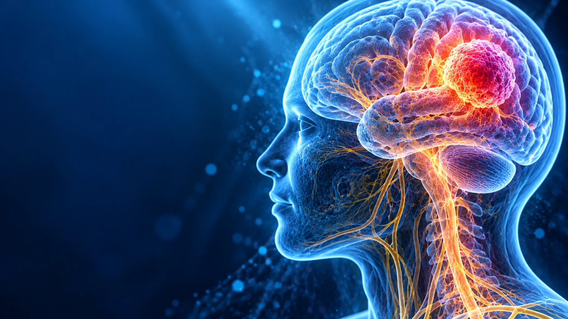 Cinematic medical illustration of nervous system cancer showing a glowing abnormal tumor in the brain, with visible neural pathways and spinal cord against a dark blue background.