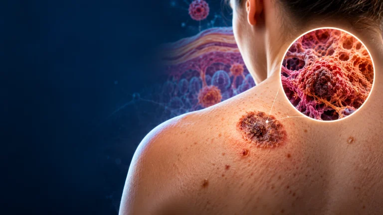 Advanced medical illustration of skin cancer, showing an irregular pigmented skin lesion on the shoulder with a magnified view of cancer cells against a dark blue background.