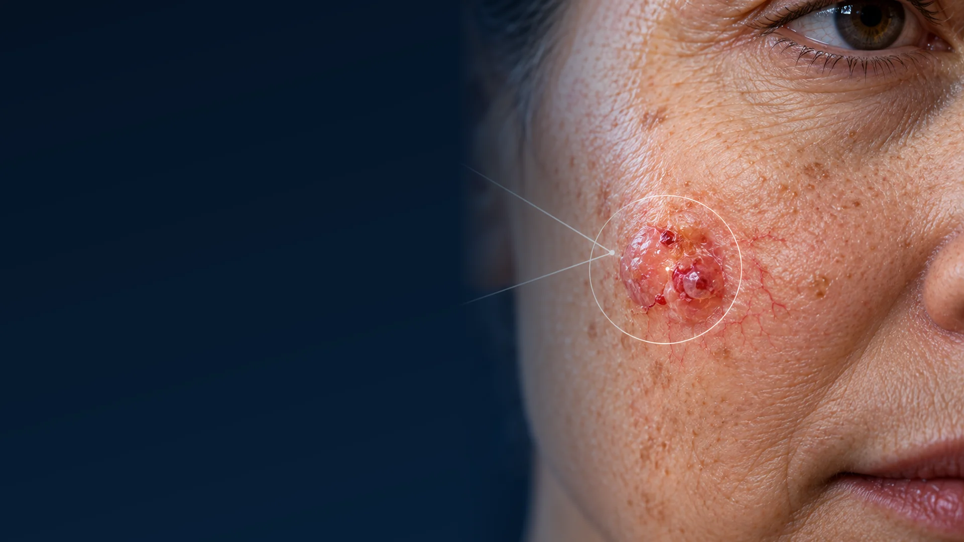 Medical illustration of basal cell carcinoma (BCC), showing a raised pink skin lesion on the cheek with visible surface changes against a dark blue background.