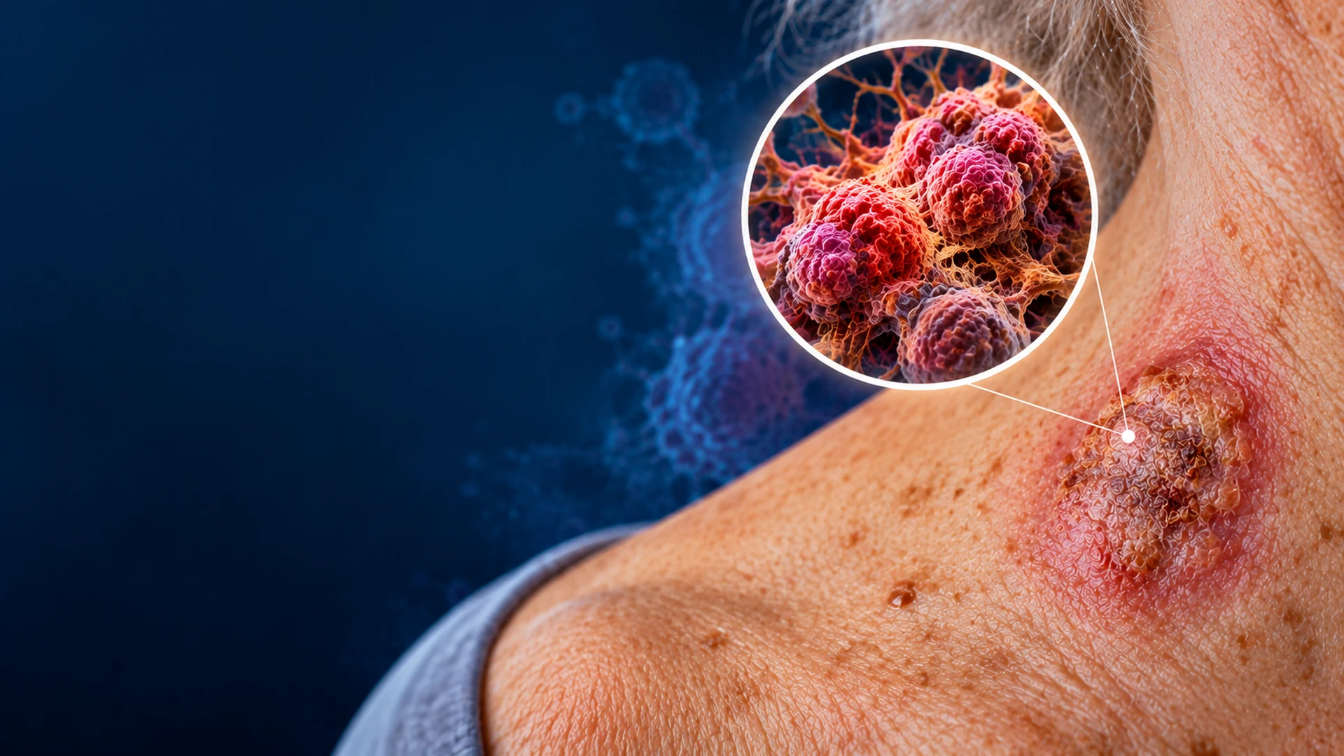 Advanced medical illustration of cutaneous squamous cell carcinoma (cSCC), showing an irregular crusted skin lesion on the neck with a magnified view of abnormal cancer cells against a dark blue background.