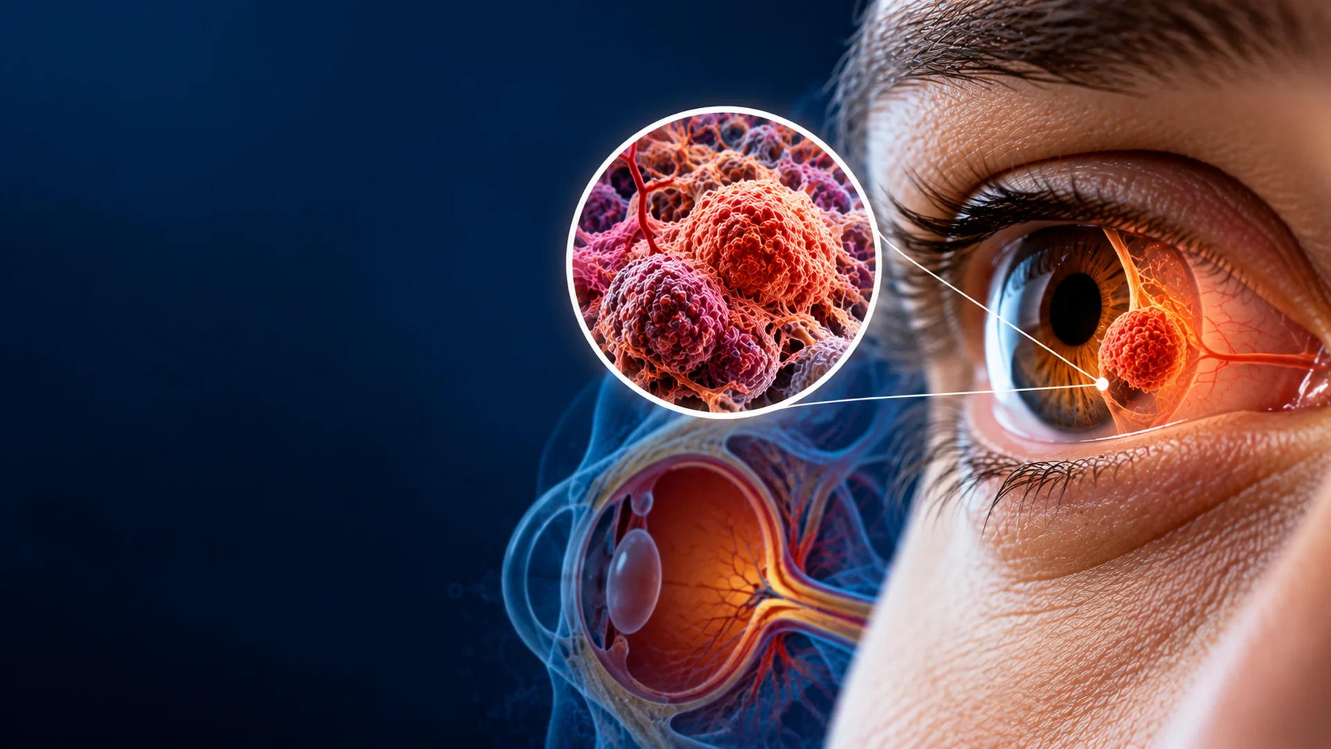 Advanced 3D medical illustration of eye cancer, showing an abnormal tumour inside the eye with a magnified view of cancer cells against a dark blue scientific background.