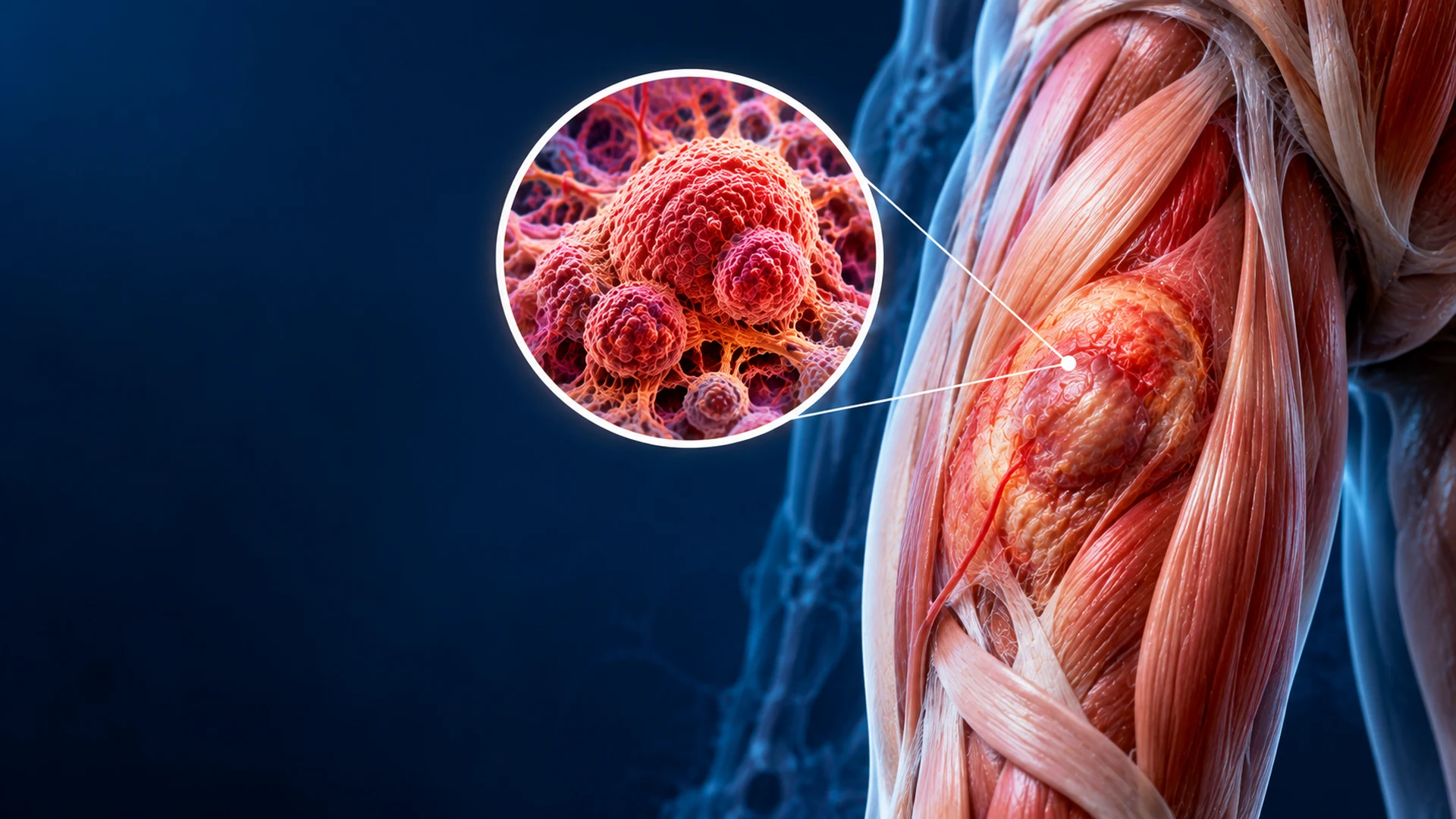 Advanced 3D medical illustration of muscle cancer, showing a tumour embedded within skeletal muscle fibres and a magnified view of abnormal cancer cells against a dark blue scientific background.