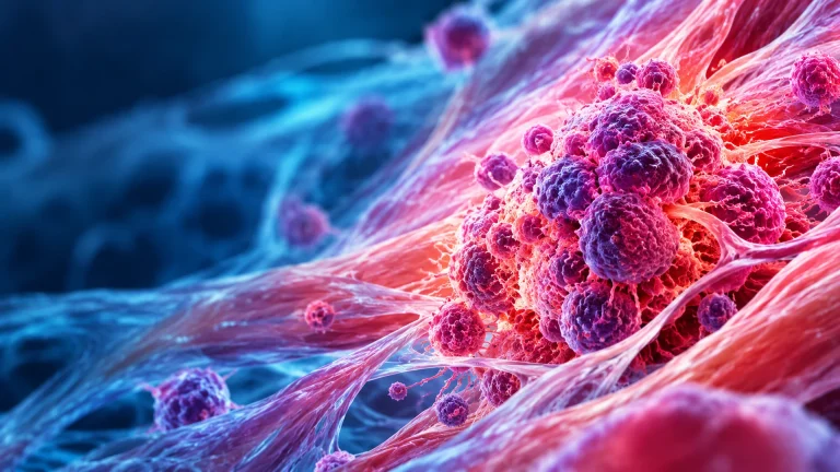 Detailed 3D medical illustration of abnormal cancer cells growing among muscle and connective tissue fibres, representing soft tissue sarcoma.