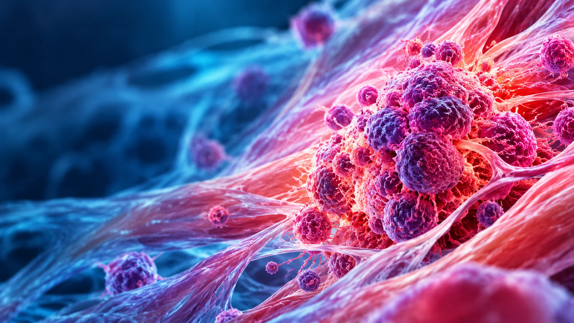 Detailed 3D medical illustration of abnormal cancer cells growing among muscle and connective tissue fibres, representing soft tissue sarcoma.