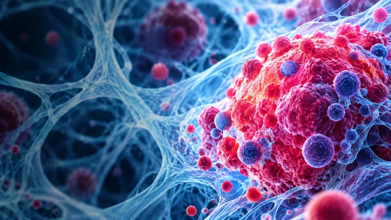 Conceptual 3D medical illustration of abnormal cell growth among branching vascular-like structures, representing blood vessel cancer or angiosarcoma.