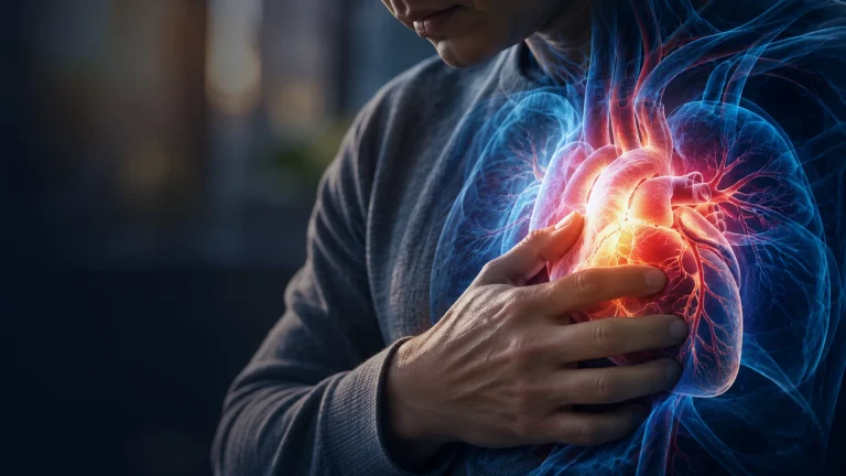 Cinematic medical illustration of a person with a transparent anatomical view of the heart, representing awareness of rare primary heart cancer.