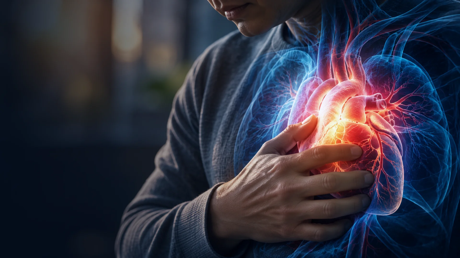 Cinematic medical illustration of a person with a transparent anatomical view of the heart, representing awareness of rare primary heart cancer.