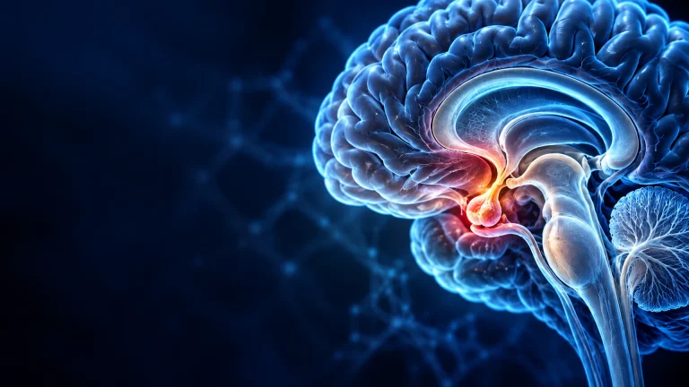 Detailed 3D medical illustration of the human brain highlighting the pituitary gland beneath the hypothalamus, representing pituitary cancer awareness.