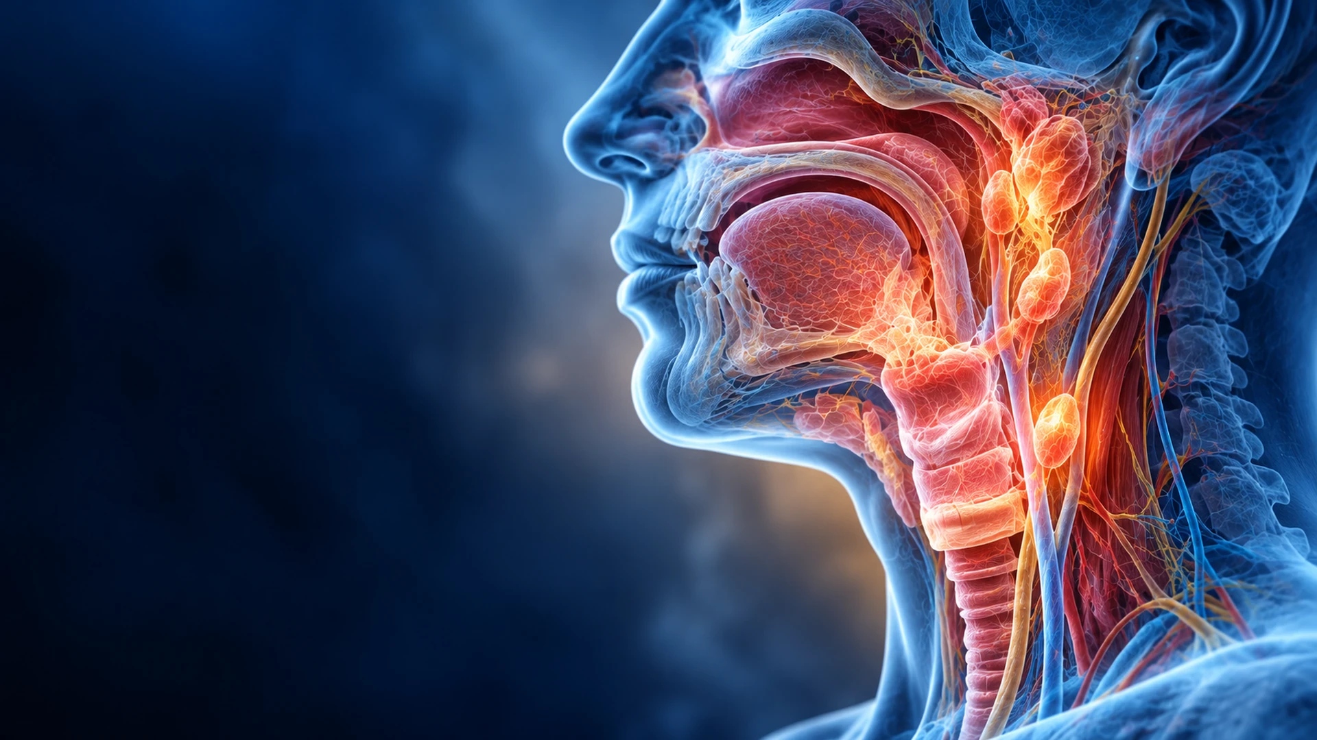 Detailed 3D medical illustration of human head and neck anatomy, highlighting the throat, pharynx and larynx for head and neck cancer awareness.