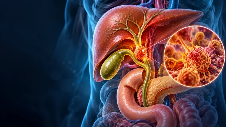 Advanced 3D medical illustration of bile duct cancer (cholangiocarcinoma), highlighting a tumour within the bile duct, surrounded by the liver, gallbladder and pancreas.