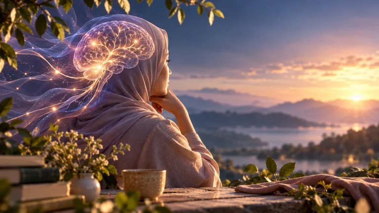 A woman in a mauve hijab looks toward a tranquil sunset, with luminous neural pathways superimposed around her head, representing the human experience of brain cancer.