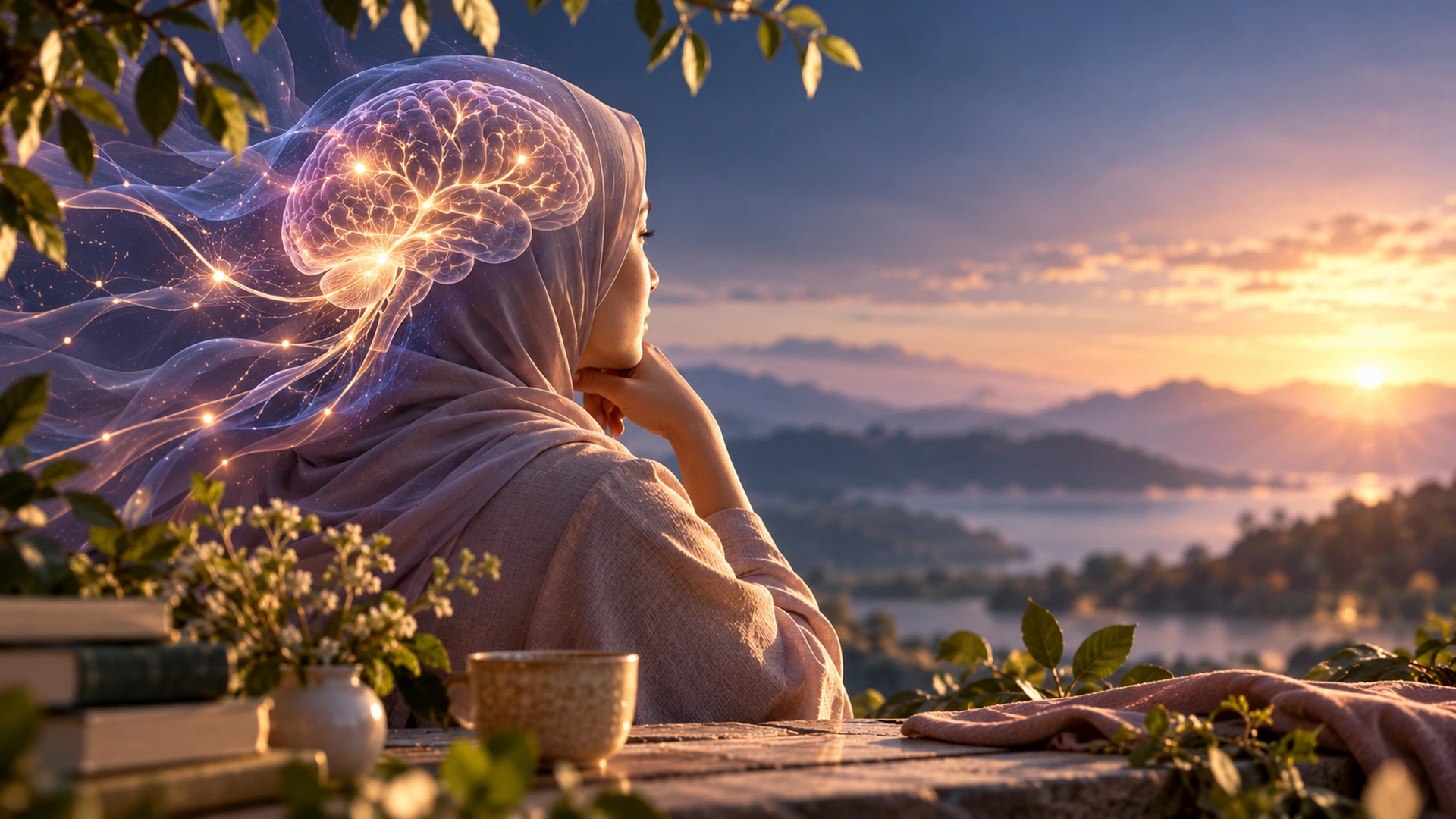 A woman in a mauve hijab looks toward a tranquil sunset, with luminous neural pathways superimposed around her head, representing the human experience of brain cancer.