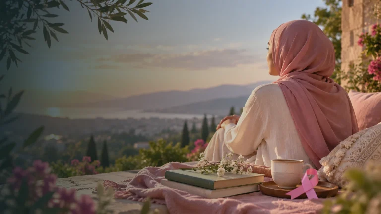 A women overlooking a peaceful sunset, surrounded by symbolic imagery of cancer cells, nutrition, nature, Ibn Sina’s Canon of Medicine, and a holistic whole-person approach to cancer care.