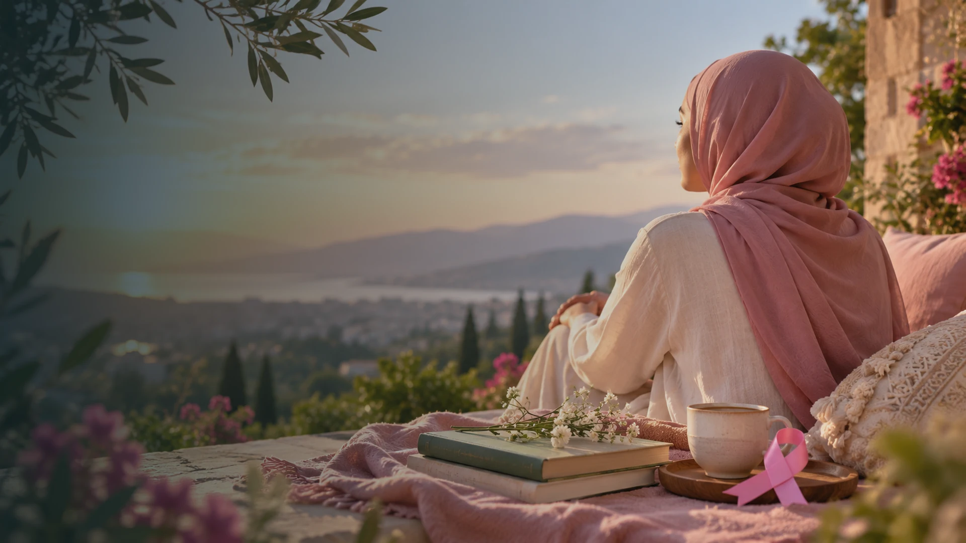 A women overlooking a peaceful sunset, surrounded by symbolic imagery of cancer cells, nutrition, nature, Ibn Sina’s Canon of Medicine, and a holistic whole-person approach to cancer care.