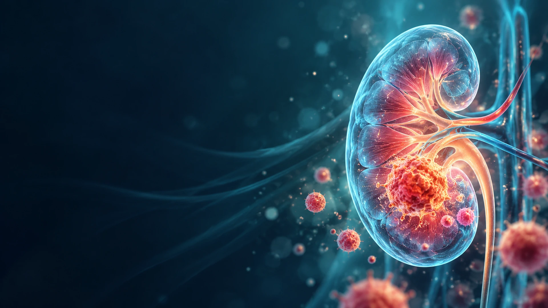A luminous scientific illustration of a kidney with a glowing cluster of abnormal cells, representing kidney cancer, against a dark teal background.