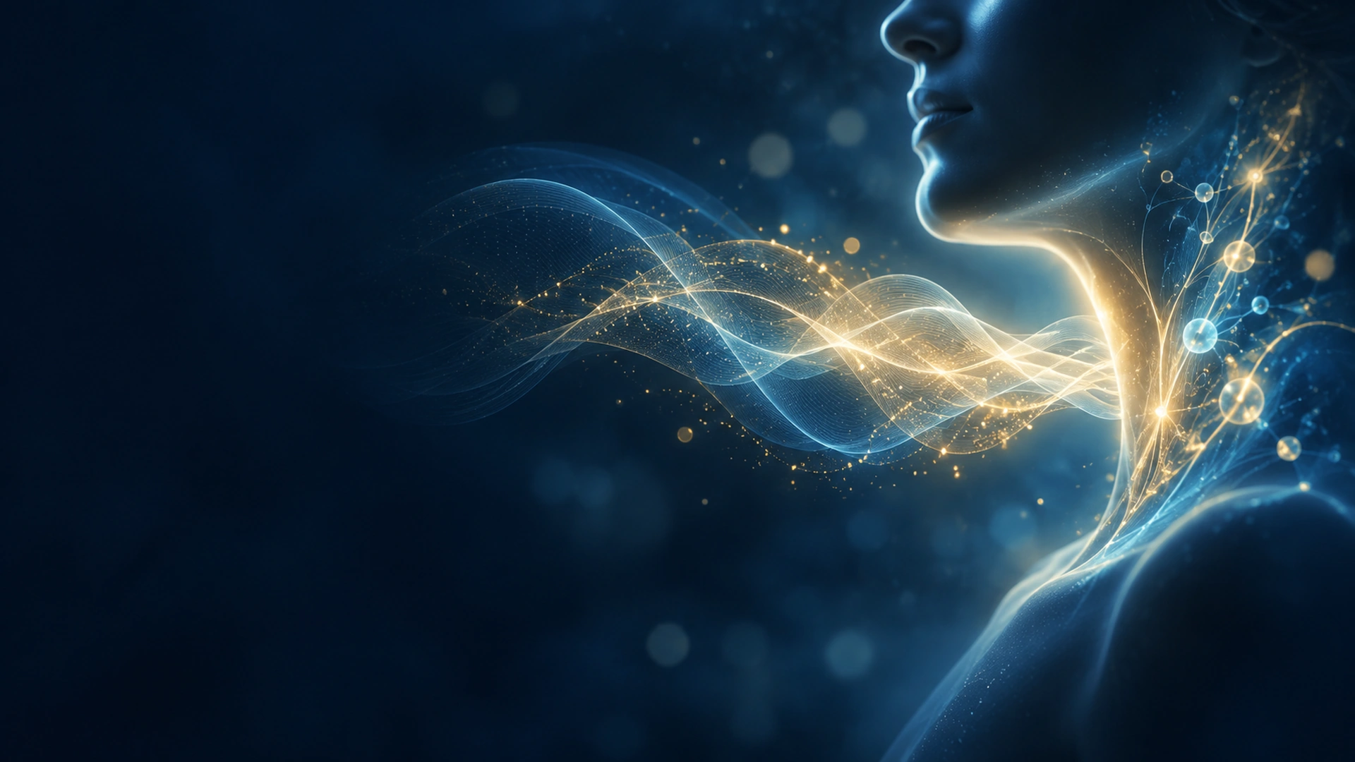 Abstract artwork of a person’s lower face and neck in deep blue, with luminous blue and golden sound waves flowing outward to represent the human voice and laryngeal function.