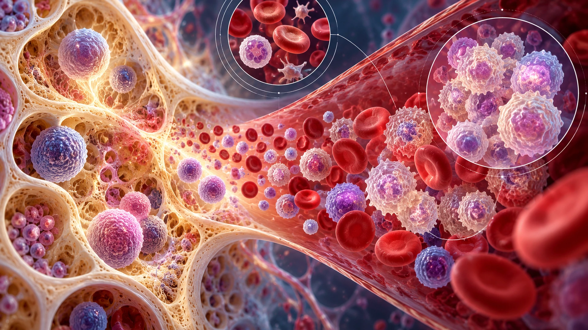 Detailed scientific illustration of bone marrow and circulating red and white blood cells, representing leukemia and blood cell production.