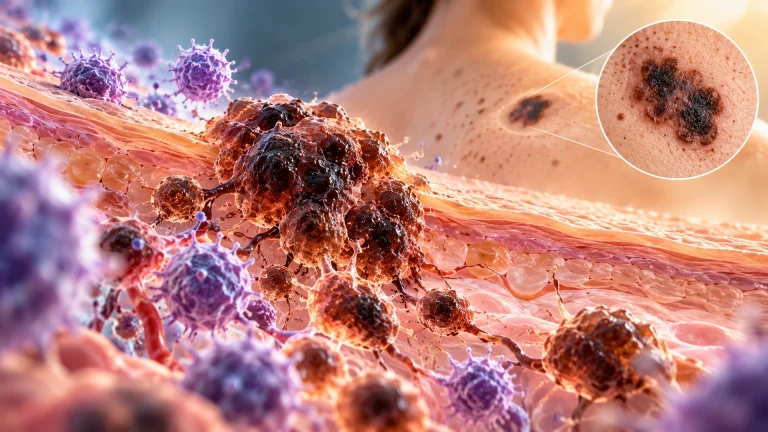 Scientific 3D illustration of melanoma-related cells in skin tissue alongside an enlarged view of an irregular dark skin lesion on a person's upper back.