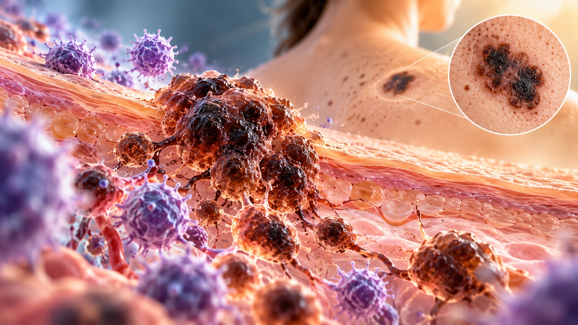 Scientific 3D illustration of melanoma-related cells in skin tissue alongside an enlarged view of an irregular dark skin lesion on a person's upper back.