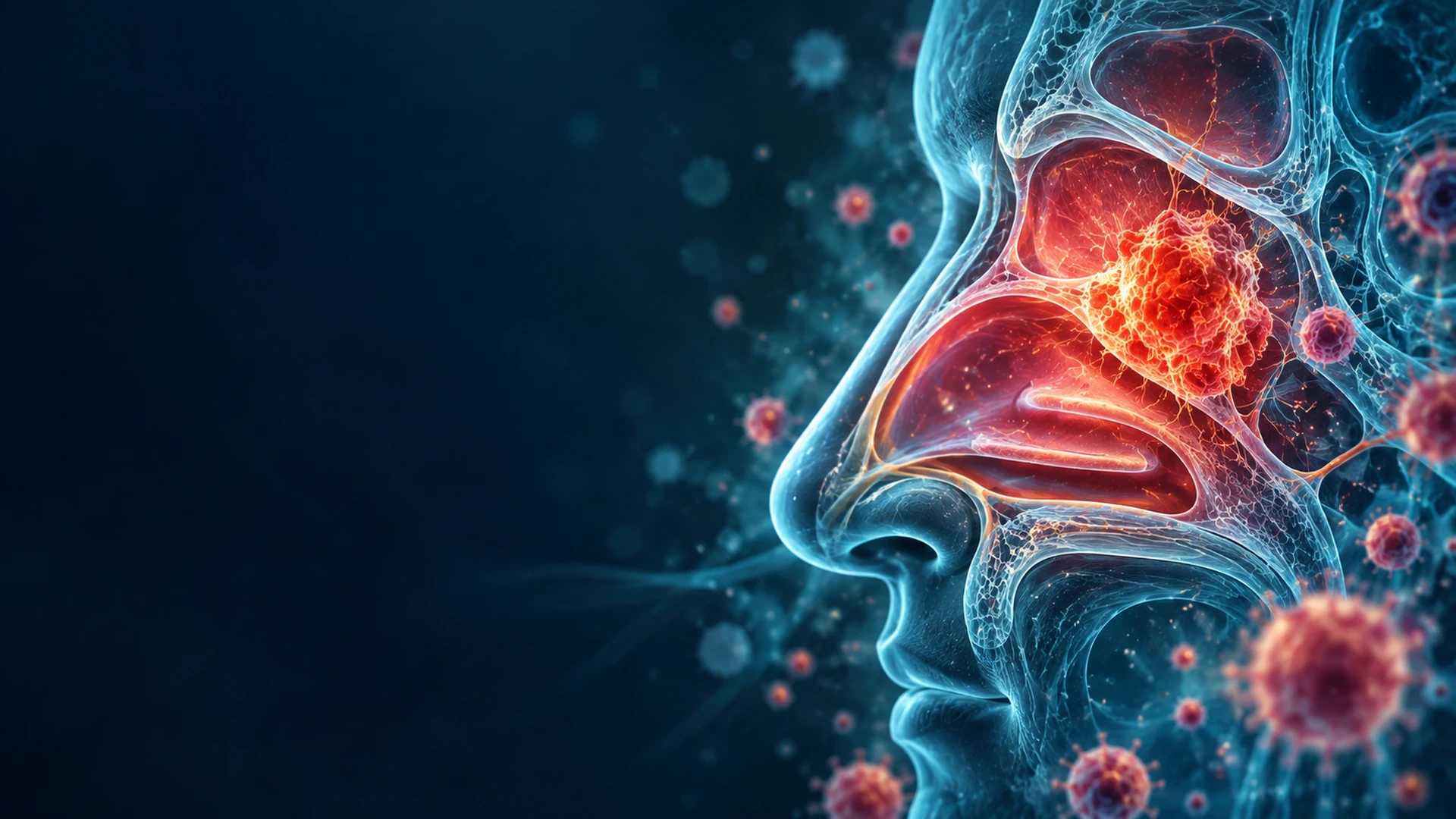 Advanced 3D medical illustration of nasal cancer, showing a tumour within the nasal cavity surrounded by abnormal cells in a detailed anatomical visualization.