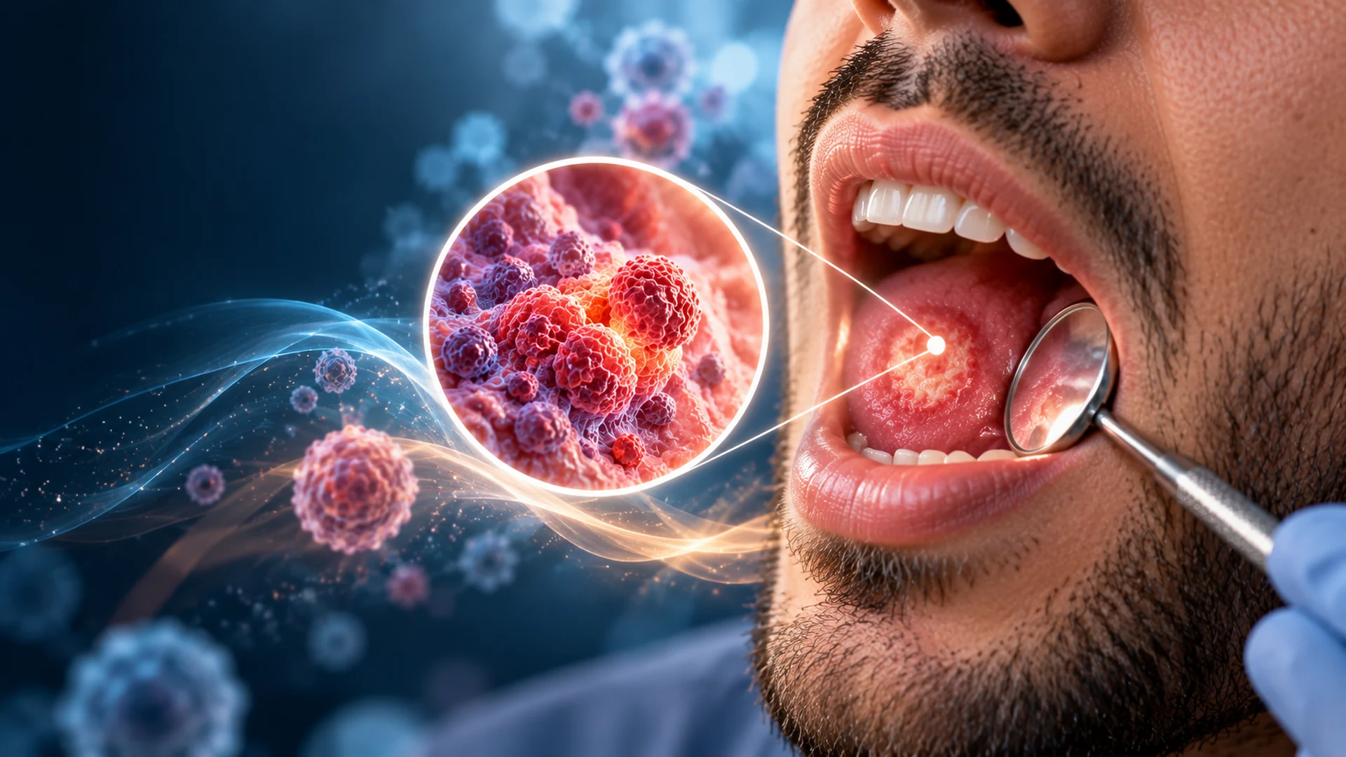 Medical illustration of a man's mouth during an oral examination, with magnified abnormal cells highlighting oral cancer awareness.