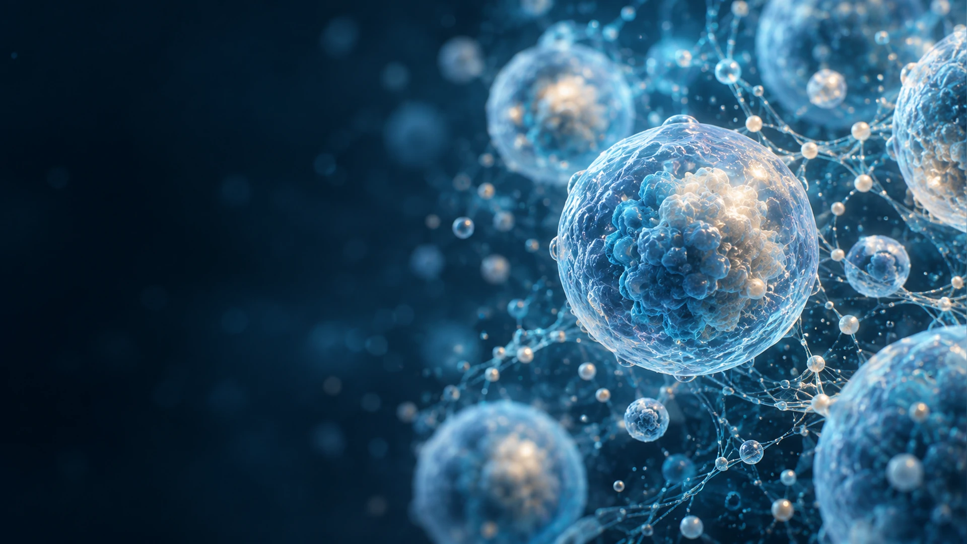Conceptual 3D illustration of translucent blue cells connected by delicate luminous networks against a dark navy background.