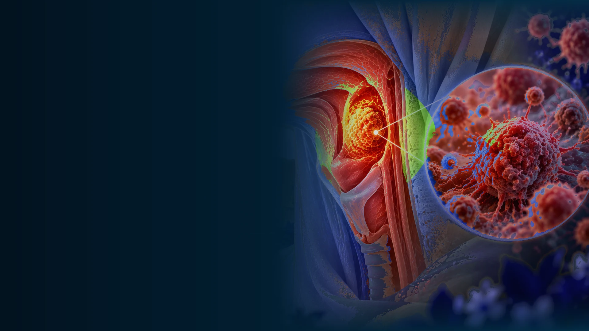 Advanced 3D medical illustration of pharyngeal cancer, highlighting a tumour in the pharynx with magnified cancer cells against a dark blue scientific background.