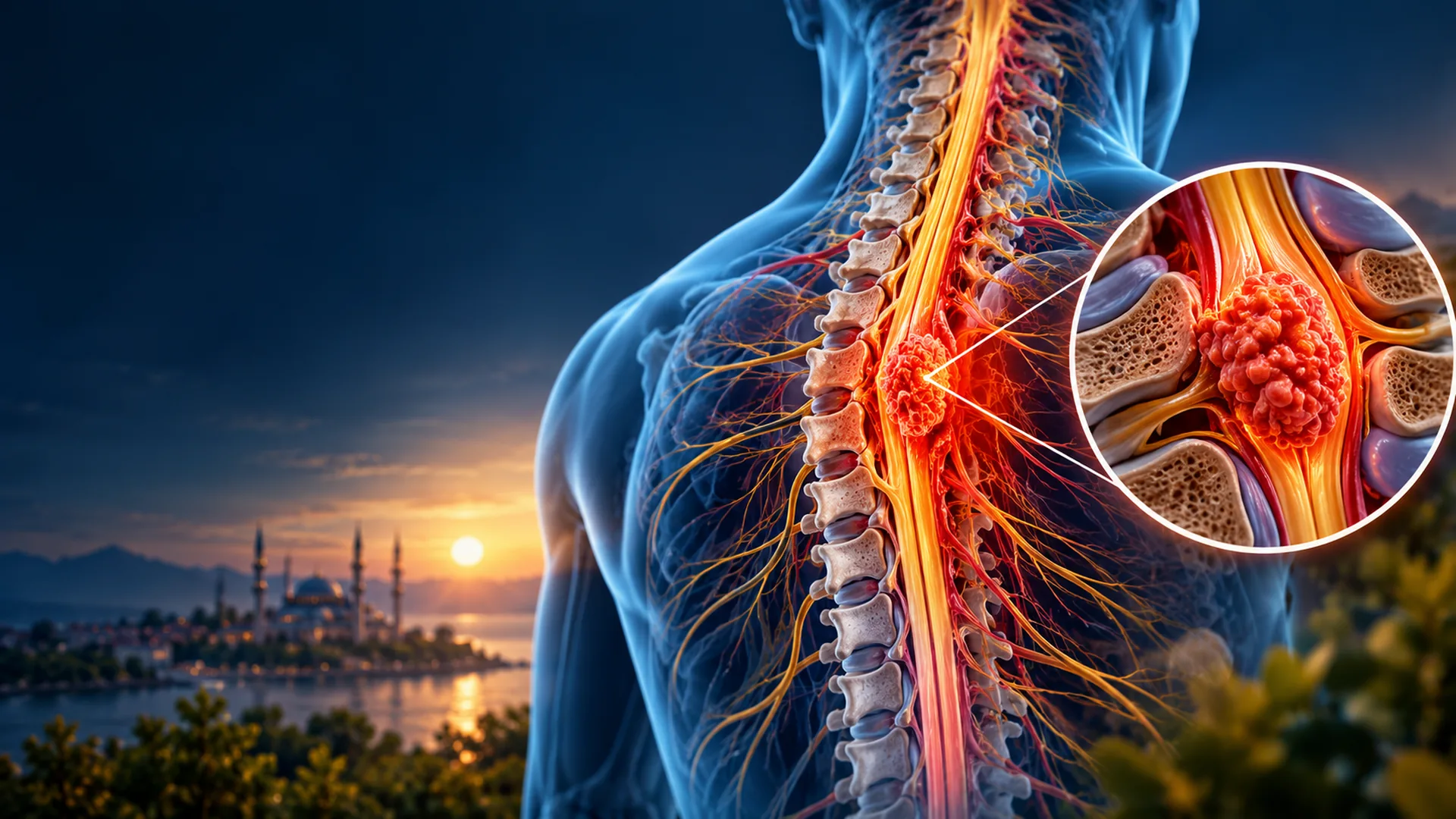 Advanced 3D medical illustration of spinal cord cancer, showing a tumour within the spinal cord, surrounded by vertebrae and nerve structures, with a magnified view of the tumour.