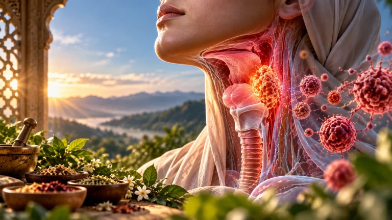 Advanced 3D medical illustration of throat cancer, showing an abnormal tumour in the throat with surrounding cancer cells and detailed anatomical structures.