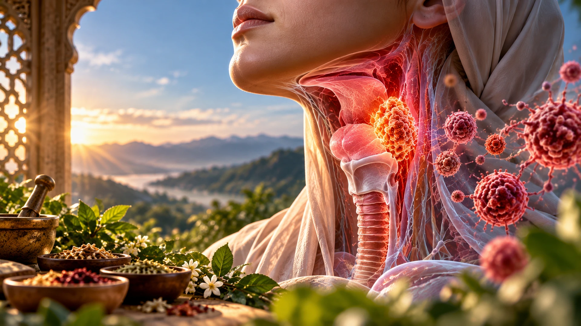 Advanced 3D medical illustration of throat cancer, showing an abnormal tumour in the throat with surrounding cancer cells and detailed anatomical structures.