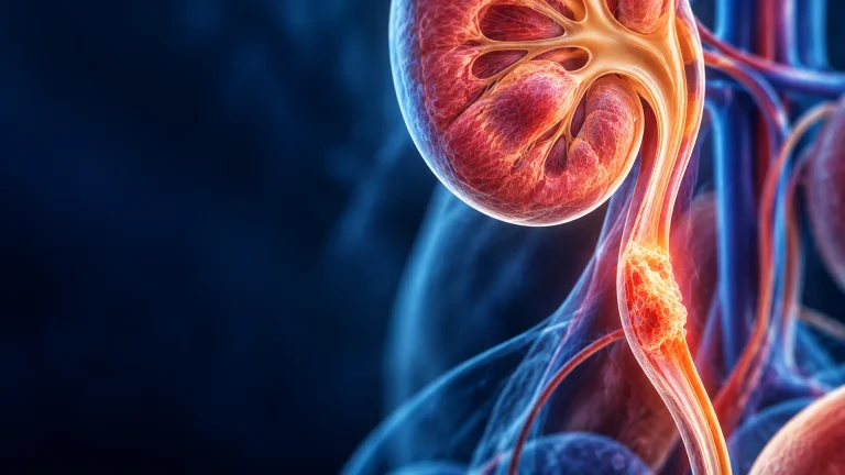 Detailed 3D medical illustration showing a close-up of the ureter with abnormal tissue growth along its inner lining, representing ureter cancer.