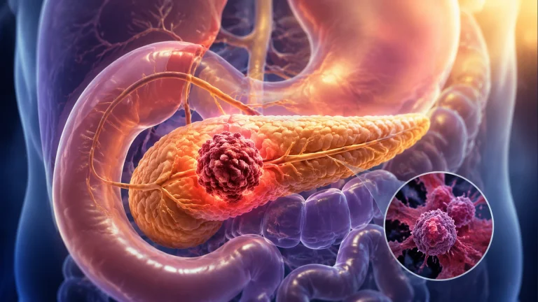 Detailed medical illustration of the pancreas with a prominent tumor and a circular close-up of cancer cells, representing pancreatic cancer awareness.